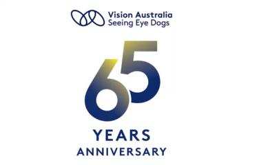 Blue text on a white background which reads "Vision Australia: Seeing Eye Dogs 65 years anniversary"
