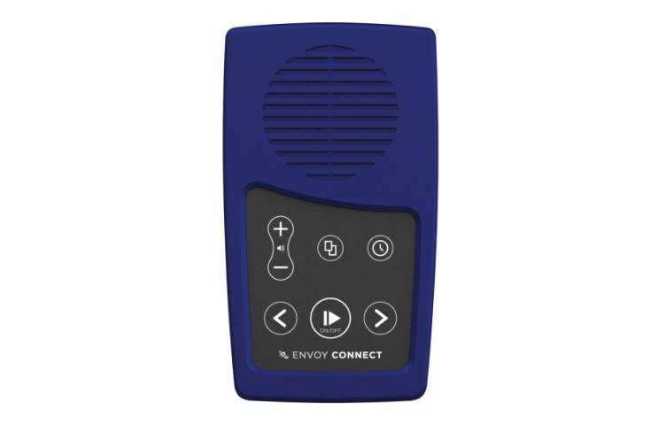 A blue Envoy Connect audiobook player with tactile buttons and a speaker grille at the top.