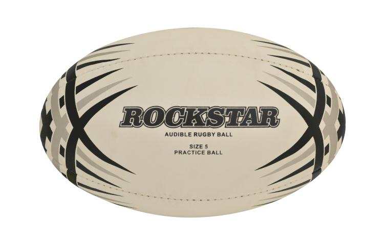 A white rugby ball with black accents labelled "Rockstar Audible Rugby Ball, Size 5 Practice Ball”.
